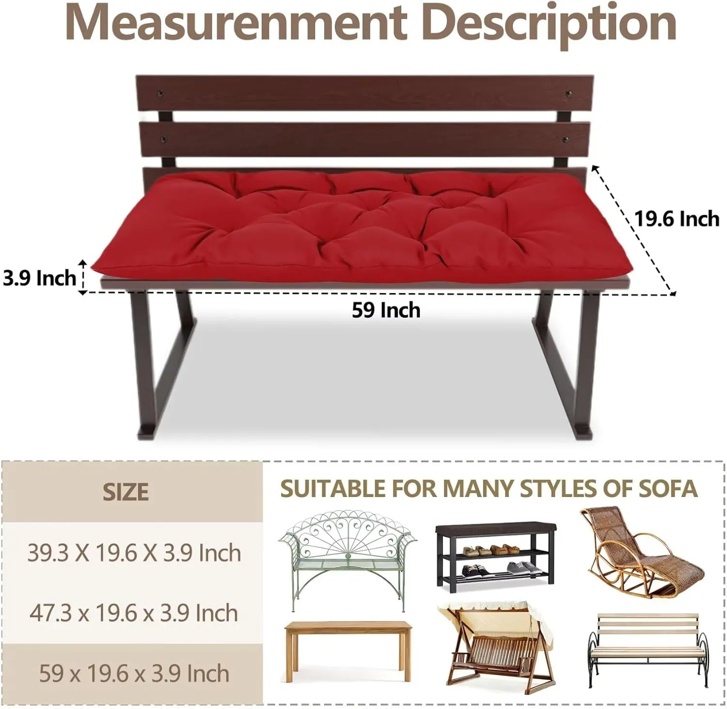 59 inch Waterproof Indoor Outdoor Garden Bench Seat Cushions,Thicken Patio Bench Soft Rocking Chairs Pad Lounger Seat for Porch Wicker Loveseat Settee (59 X 19.6 in,Red)