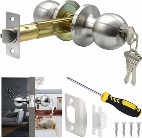5" Backset Latch Keyed Entry Door Knob with Lock and Key, Standard Square Interface Entrance Ball Doors Knobset Lockset, Satin Nickel