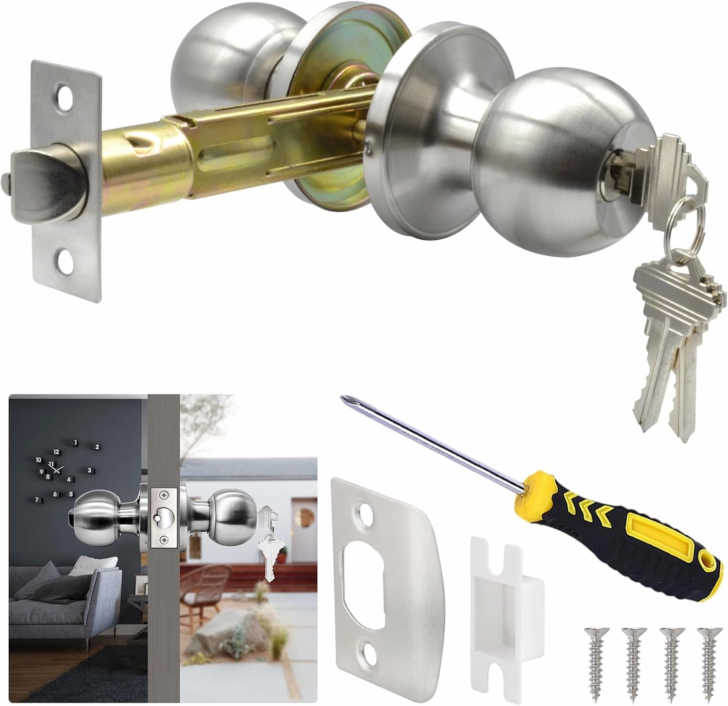 5" Backset Latch Keyed Entry Door Knob with Lock and Key, Standard Square Interface Entrance Ball Doors Knobset Lockset, Satin Nickel