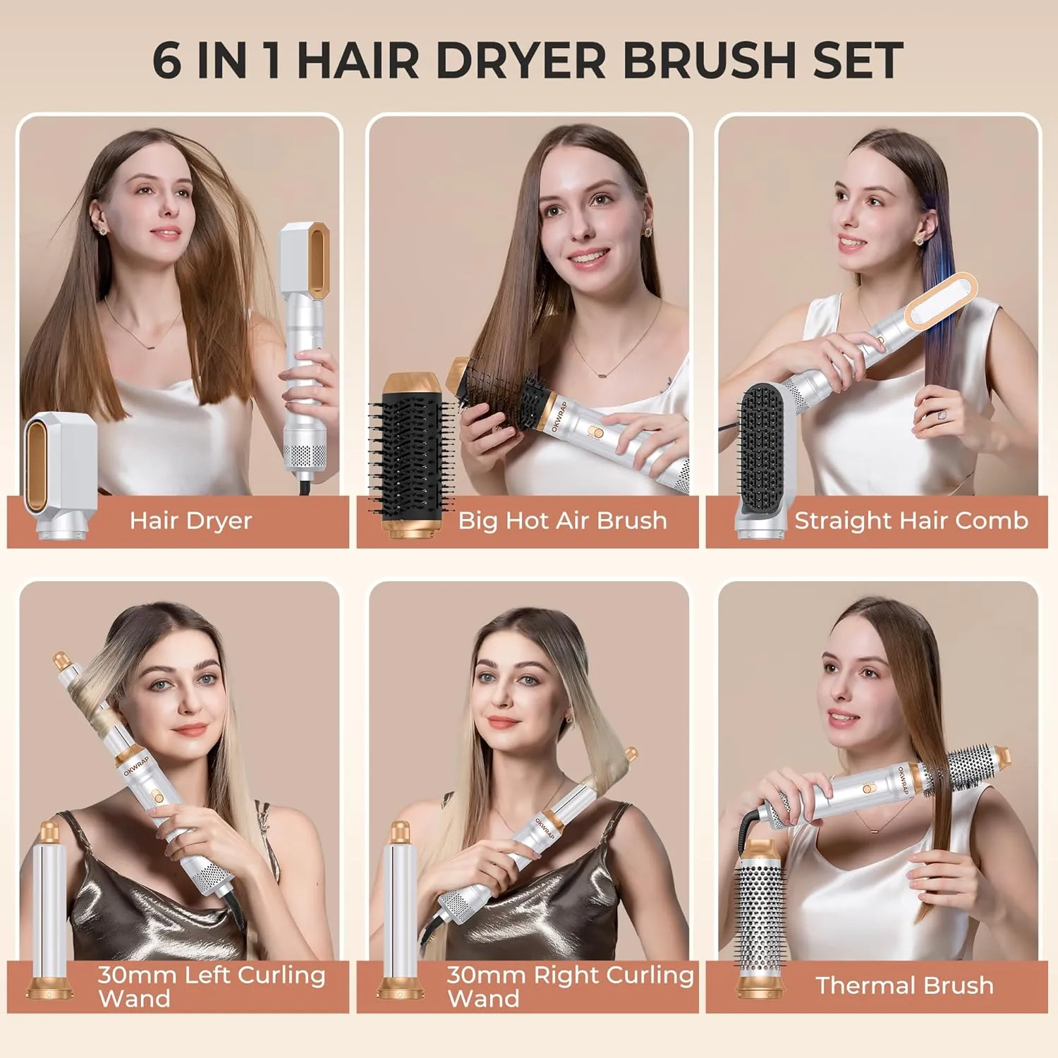 6 in ONE Blow Dryer Brush,Air Curling Iron Round Brush for Blow Out 1000W,Ionic Hair Dryer Brush for Women, Blowout Brush Air Styler Curler