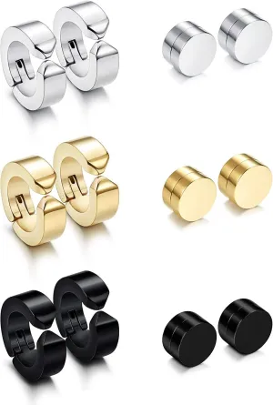 6 Pairs Stainless Hoop Earrings Magnetic Fake Gauges Ear Studs Non-pierced Clip On Huggie Cuff Earrings Set for Men Women