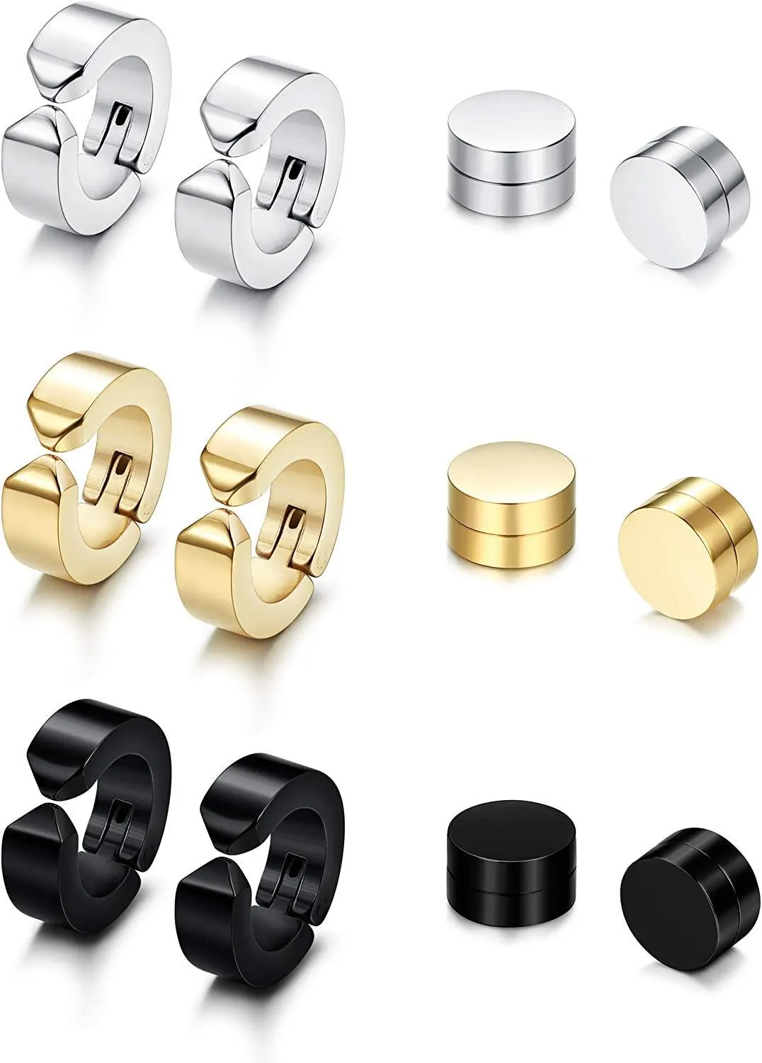 6 Pairs Stainless Hoop Earrings Magnetic Fake Gauges Ear Studs Non-pierced Clip On Huggie Cuff Earrings Set for Men Women