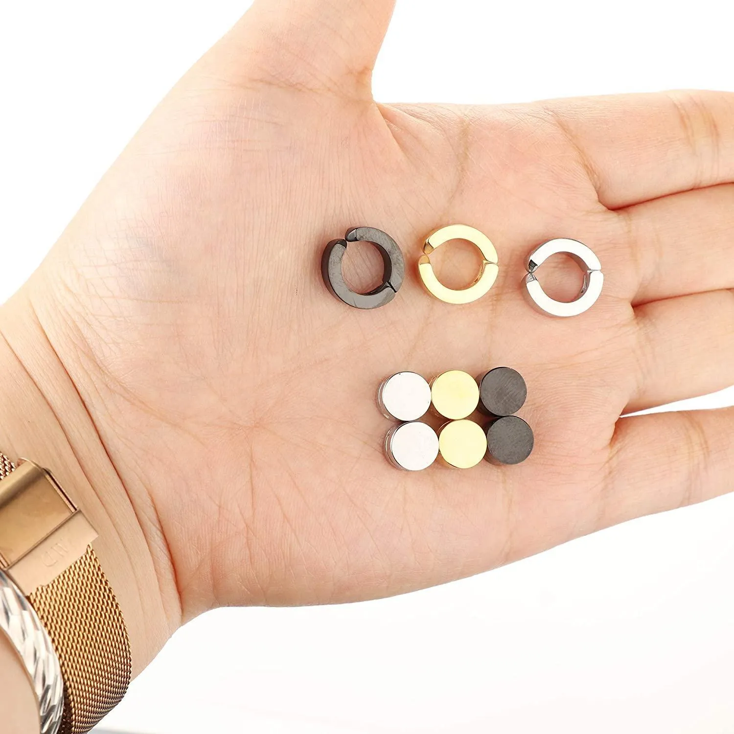 6 Pairs Stainless Hoop Earrings Magnetic Fake Gauges Ear Studs Non-pierced Clip On Huggie Cuff Earrings Set for Men Women