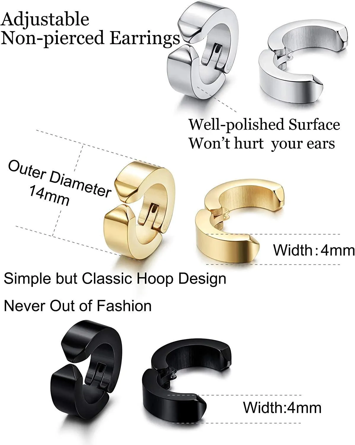 6 Pairs Stainless Hoop Earrings Magnetic Fake Gauges Ear Studs Non-pierced Clip On Huggie Cuff Earrings Set for Men Women