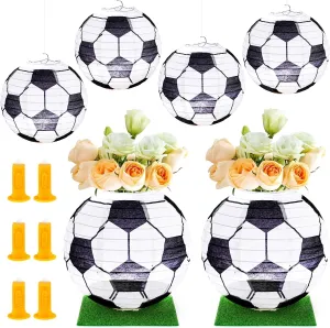 6 Sets Soccer Ball Centerpieces for Table Football Paper Lanterns with 6 Pcs LED Lights 6 Pcs Grass Squares 6 Pcs Hanging Soccer Paper Lanterns for Sport Themed Birthday Party Decorations