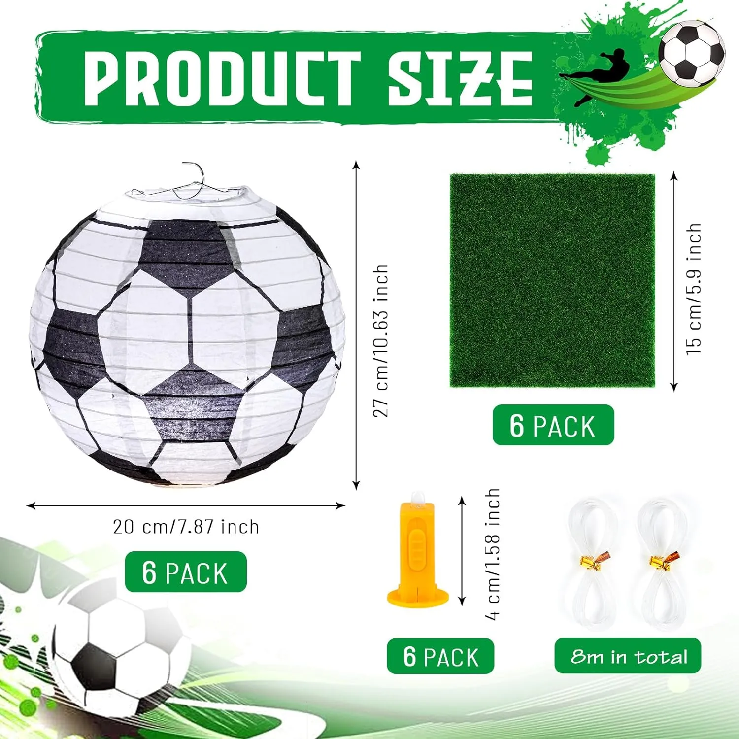6 Sets Soccer Ball Centerpieces for Table Football Paper Lanterns with 6 Pcs LED Lights 6 Pcs Grass Squares 6 Pcs Hanging Soccer Paper Lanterns for Sport Themed Birthday Party Decorations