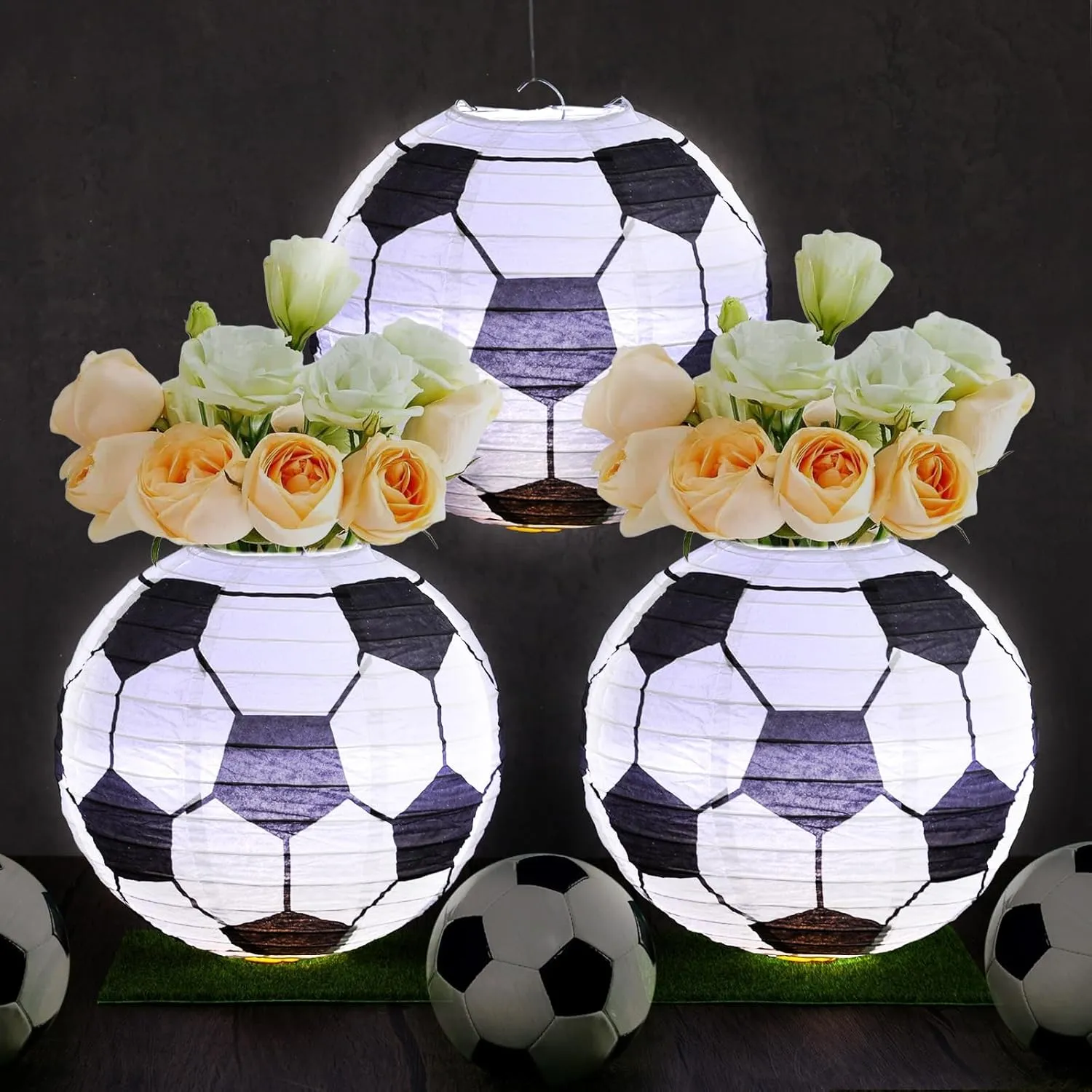 6 Sets Soccer Ball Centerpieces for Table Football Paper Lanterns with 6 Pcs LED Lights 6 Pcs Grass Squares 6 Pcs Hanging Soccer Paper Lanterns for Sport Themed Birthday Party Decorations