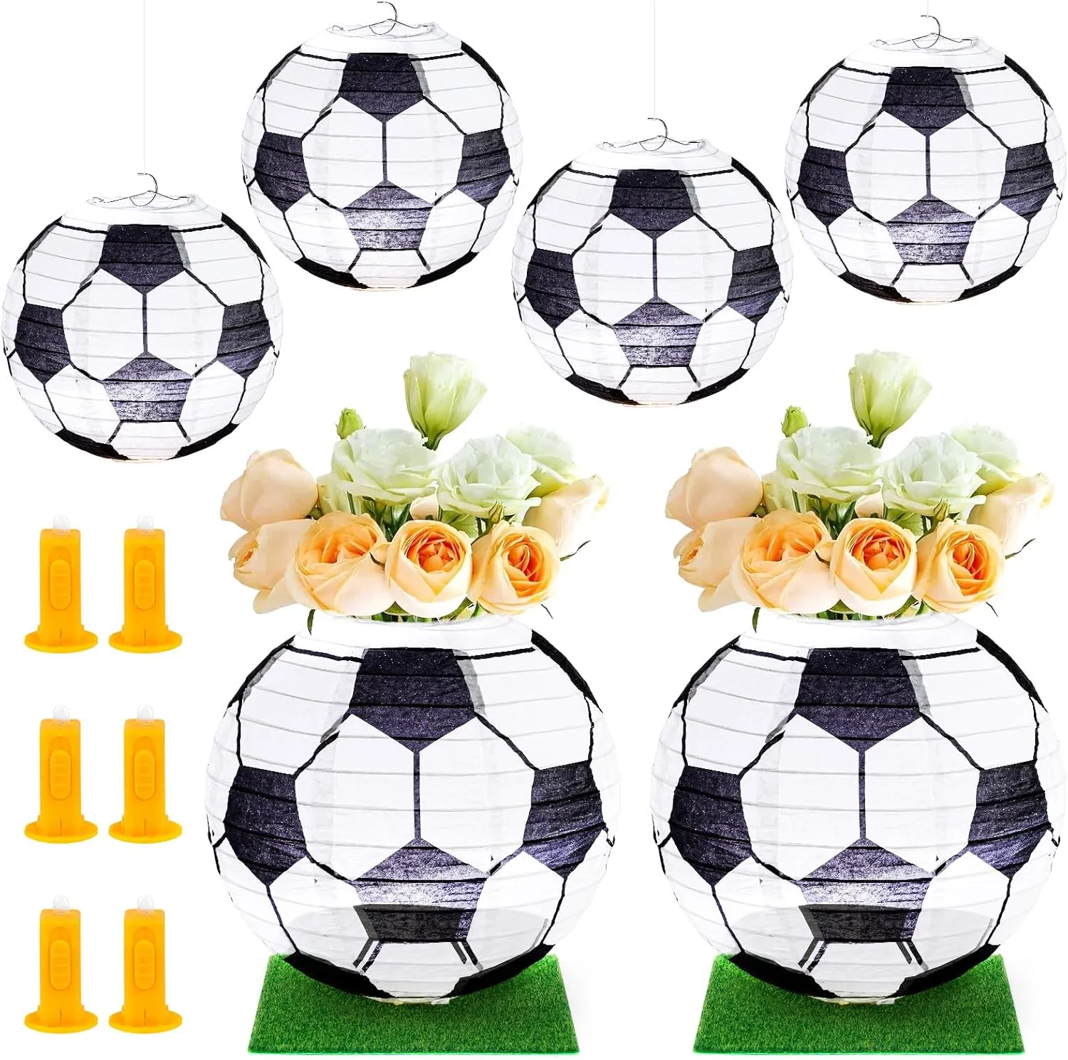 6 Sets Soccer Ball Centerpieces for Table Football Paper Lanterns with 6 Pcs LED Lights 6 Pcs Grass Squares 6 Pcs Hanging Soccer Paper Lanterns for Sport Themed Birthday Party Decorations