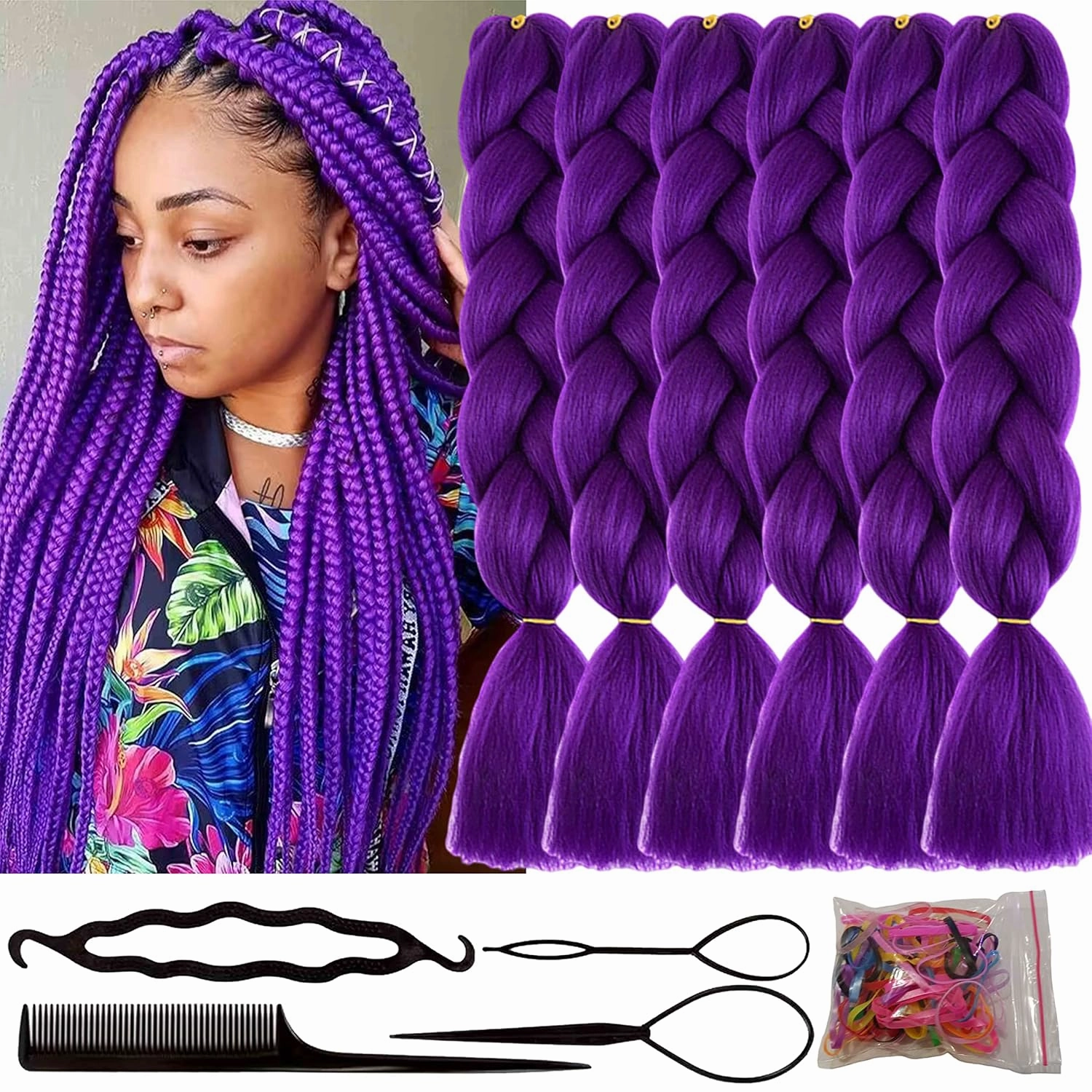 6 Packs 24 Inch Jumbo Braiding Hair Soft High Temperature Resistance Synthetic Hair Extensions for Women 24 Inch Ombre Jumbo Braiding Hair Twist Crochet Braids Hair (24 Inch (Pack of 6), Dark Purple)