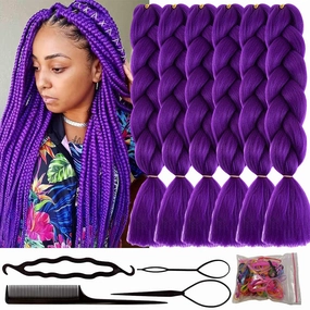 6 Packs 24 Inch Jumbo Braiding Hair Soft High Temperature Resistance Synthetic Hair Extensions for Women 24 Inch Ombre Jumbo Braiding Hair Twist Crochet Braids Hair (24 Inch (Pack of 6), Dark Purple)