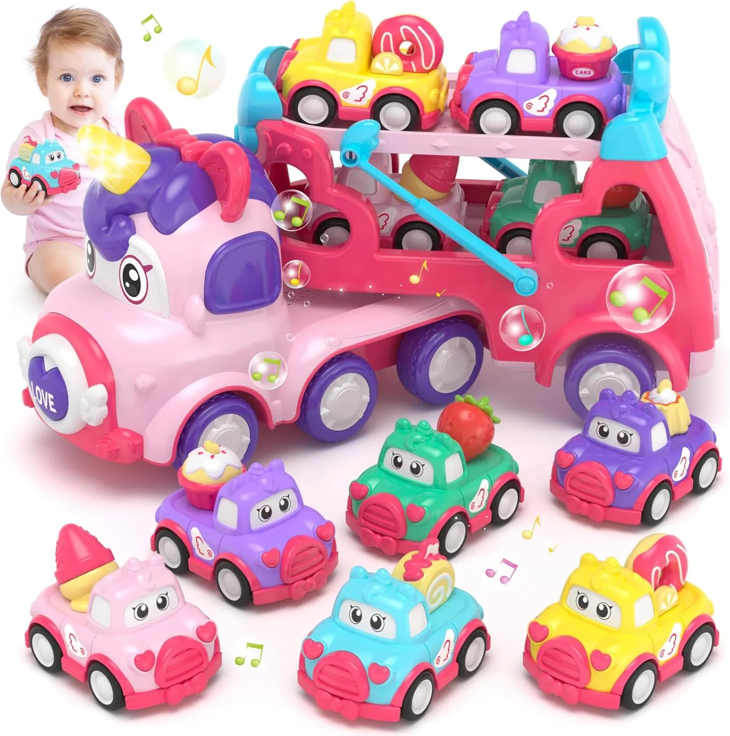 7 in 1 Unicorn Carrier Truck Toy for 1 2 Year Old Girl Car with Light & Music, Princess Toddler Girl Toys Age 2 3, Girl Car Toys for 1 2 3 Year Old Birthday Gifts Christmas for Baby Girl