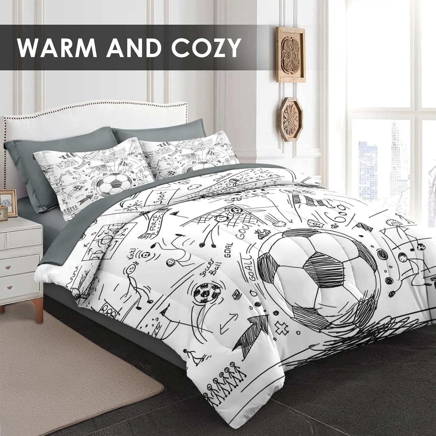 7 Pcs Queen Size Comforter Set with 2 Pillowcases & 2 Shams, Game Soccer Painting Bedding for Kids and Adults, Football Ball Cup Sport Bed in a Bag with Flat Fitted Sheet