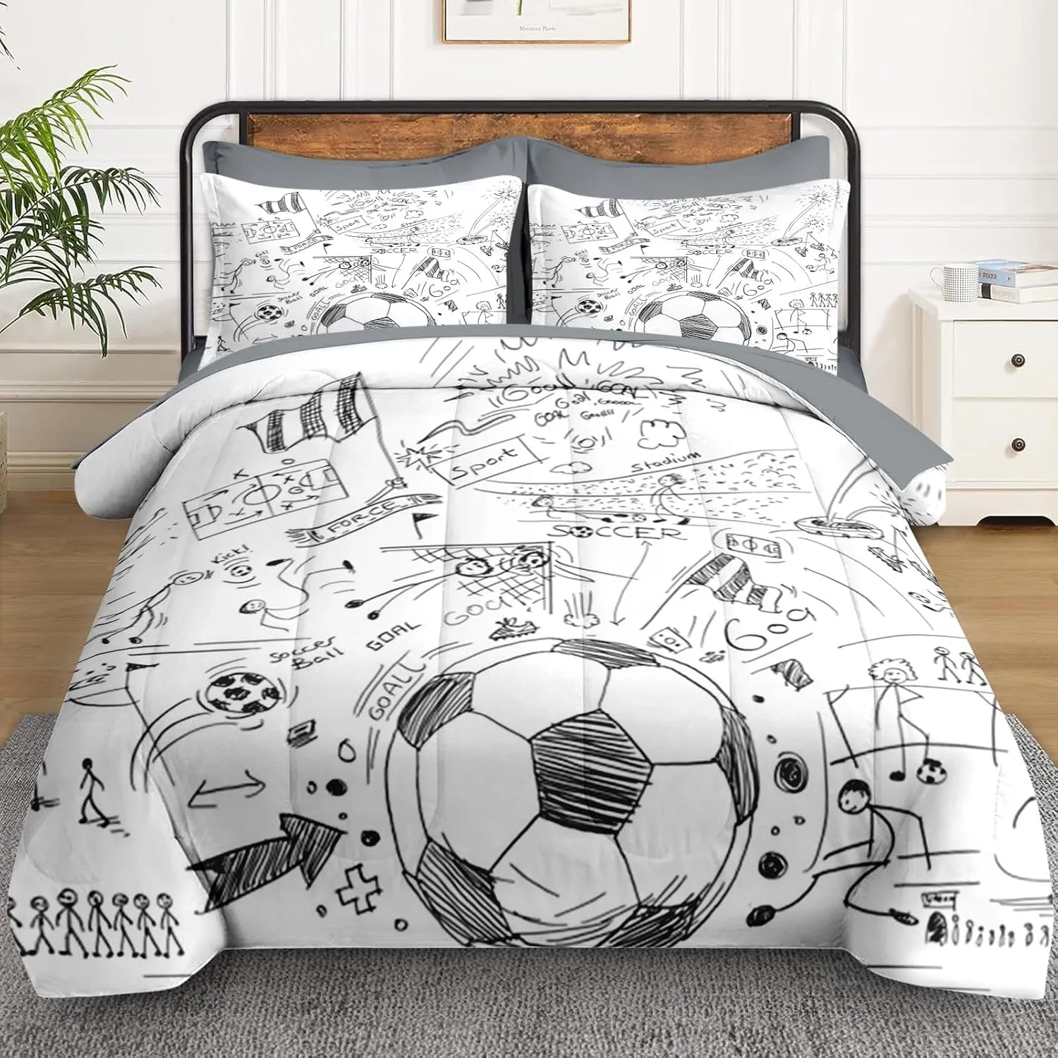 7 Pcs Queen Size Comforter Set with 2 Pillowcases & 2 Shams, Game Soccer Painting Bedding for Kids and Adults, Football Ball Cup Sport Bed in a Bag with Flat Fitted Sheet