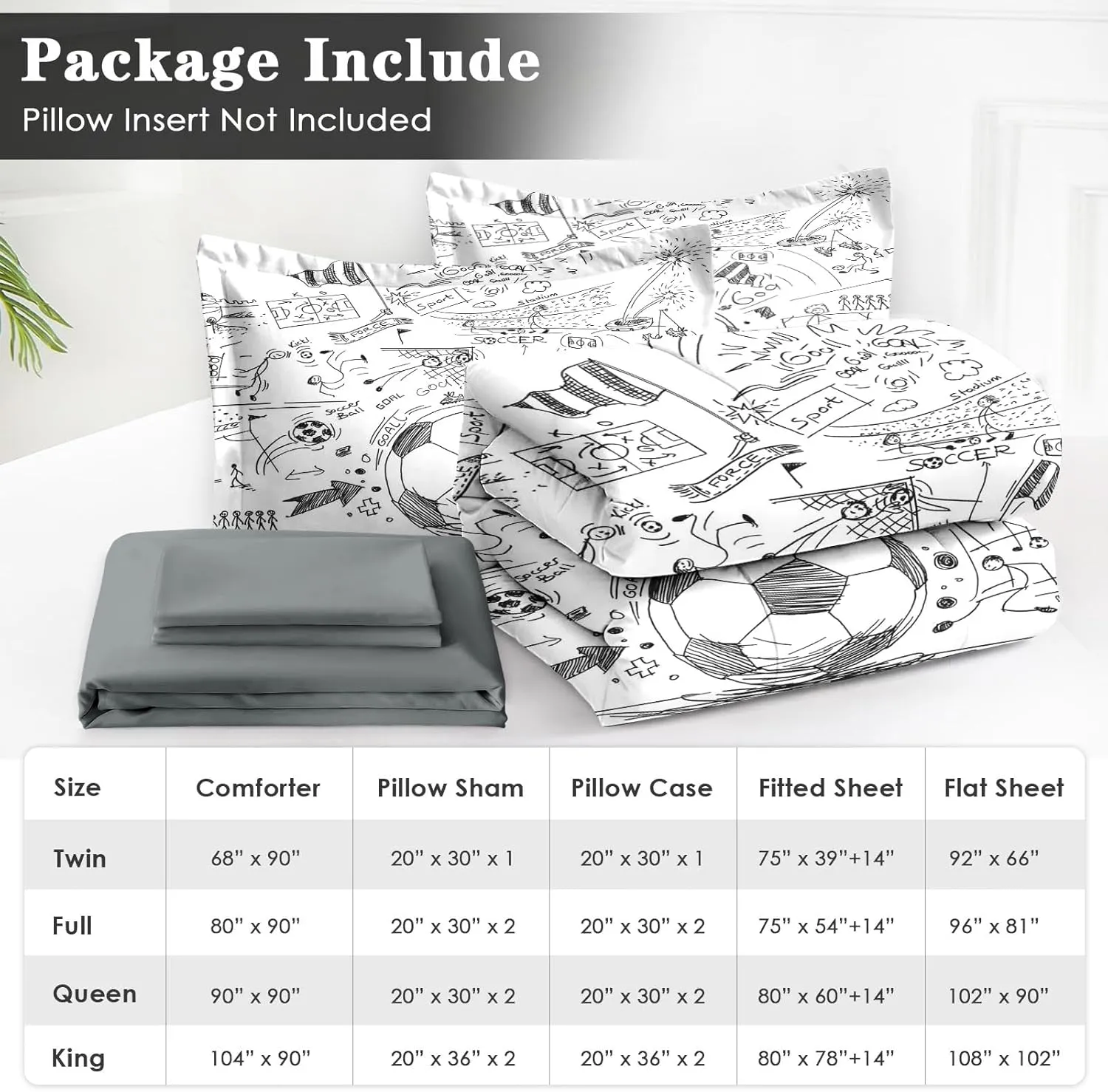 7 Pcs Queen Size Comforter Set with 2 Pillowcases & 2 Shams, Game Soccer Painting Bedding for Kids and Adults, Football Ball Cup Sport Bed in a Bag with Flat Fitted Sheet
