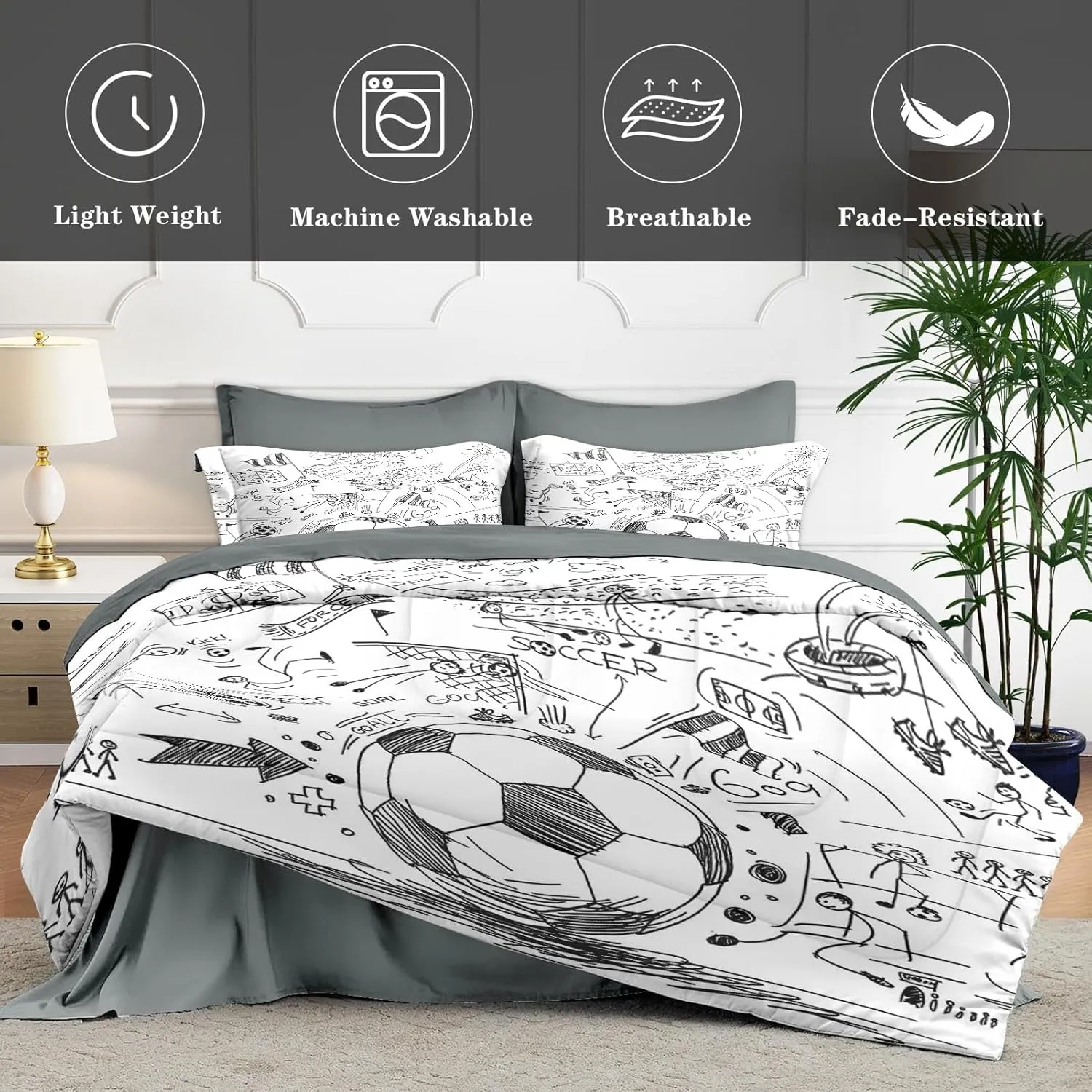 7 Pcs Queen Size Comforter Set with 2 Pillowcases & 2 Shams, Game Soccer Painting Bedding for Kids and Adults, Football Ball Cup Sport Bed in a Bag with Flat Fitted Sheet