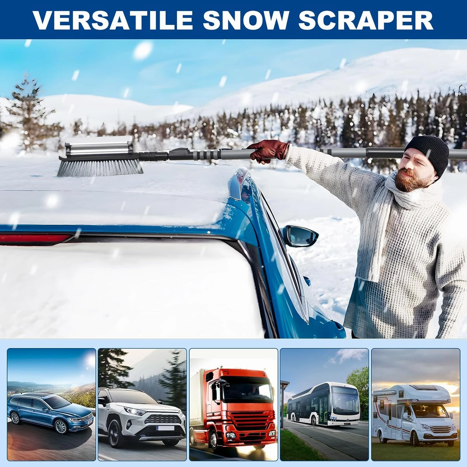 72" Extendable Snow Removal for Car, 3 in 1 Ice Scrapers and Snow Brush with Squeegee for Car Windshield with Foam Grip and 270° Pivoting Brush Head for Car, Truck, SUV, Van,RV,Xmas Gifts