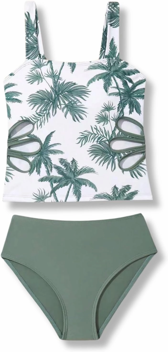 7-16 Years Girls 3-Piece Slim Fit Tankini Set - Crop Top, Bikini Bottom & Cover-Up Skirt Swimsuit