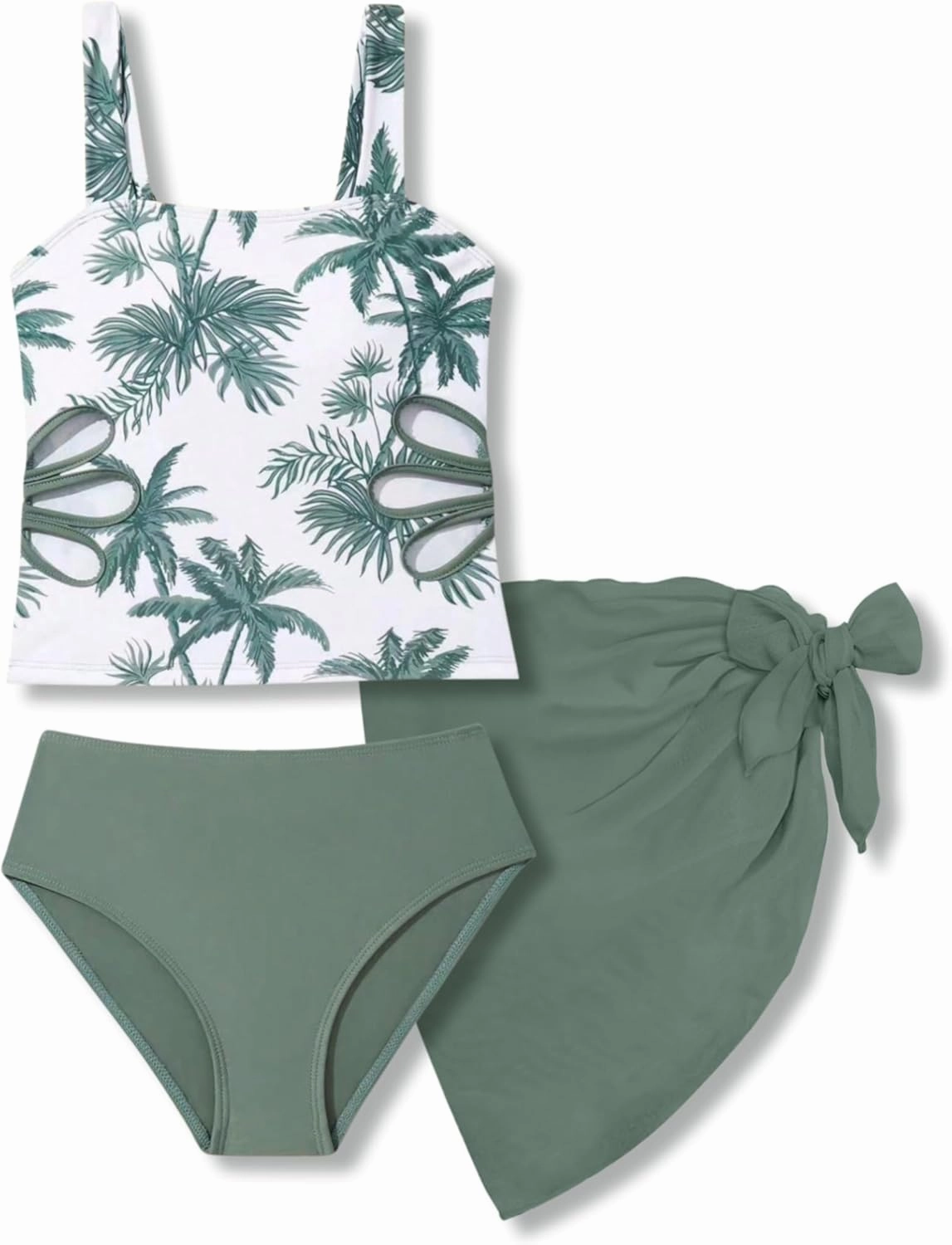 7-16 Years Girls 3-Piece Slim Fit Tankini Set - Crop Top, Bikini Bottom & Cover-Up Skirt Swimsuit