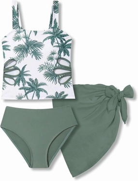 7-16 Years Girls 3-Piece Slim Fit Tankini Set - Crop Top, Bikini Bottom & Cover-Up Skirt Swimsuit