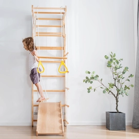 7 in 1 Wooden Climbing Toy Set for Kids, Indoor Toy Gym Playset with Slide, Swing, Rope Ladder, Gymnastics Rings & Monkey Bar, Wall Mounted Natural Wood Play Gym for 3  y.o. Boys & Girls