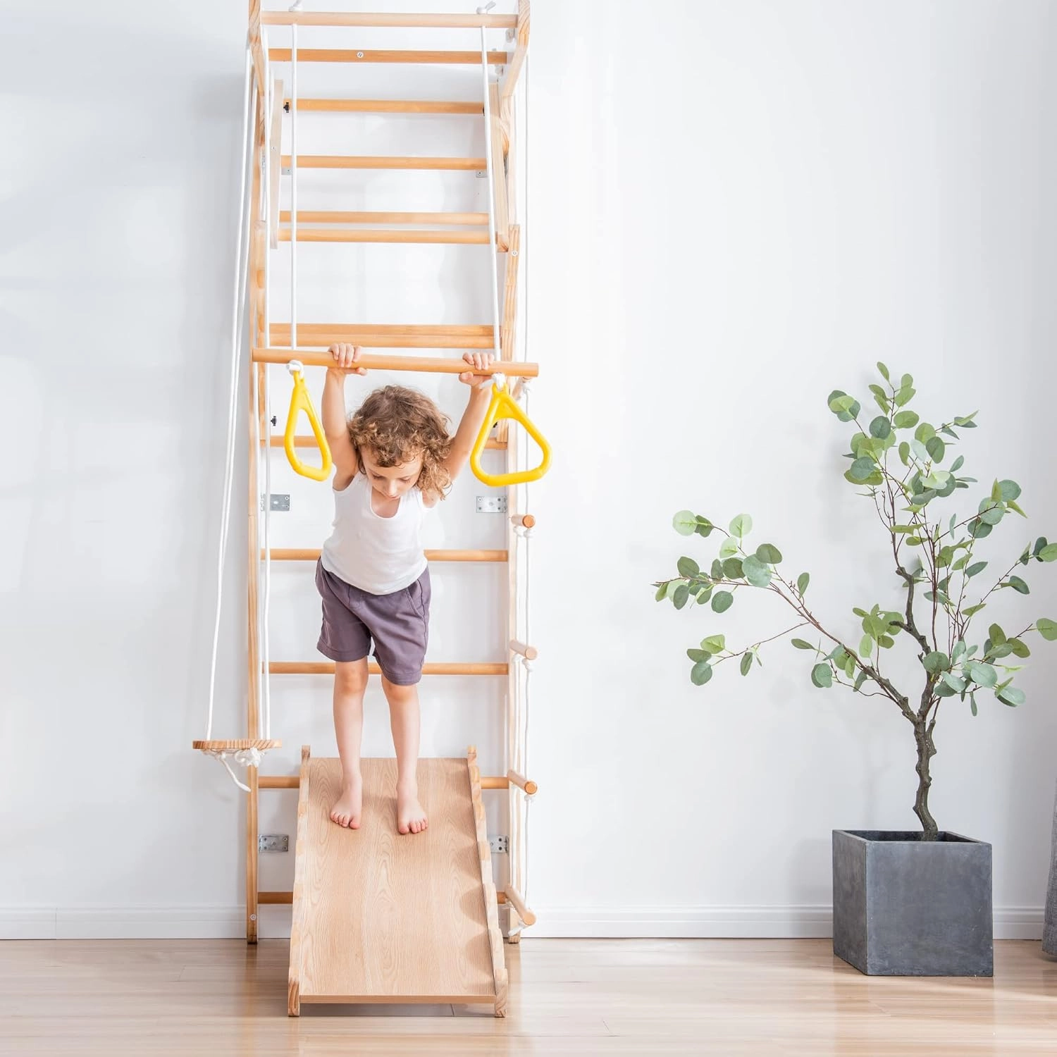 7 in 1 Wooden Climbing Toy Set for Kids, Indoor Toy Gym Playset with Slide, Swing, Rope Ladder, Gymnastics Rings & Monkey Bar, Wall Mounted Natural Wood Play Gym for 3  y.o. Boys & Girls