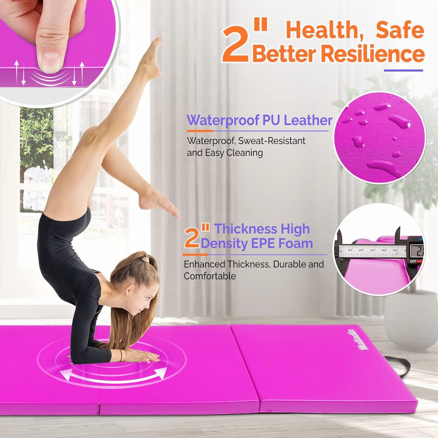 8' Folding Gymnastics Gym Exercise Aerobics Mat, 8ft x 2ft x 2in PU Leather Tumbling Mats with Hook & Loop Fastener for Stretching Yoga Cheerleading Martial Arts