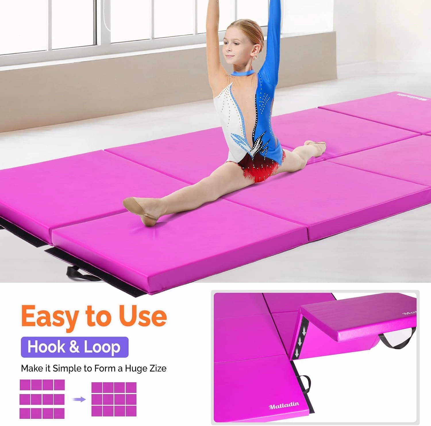 8' Folding Gymnastics Gym Exercise Aerobics Mat, 8ft x 2ft x 2in PU Leather Tumbling Mats with Hook & Loop Fastener for Stretching Yoga Cheerleading Martial Arts