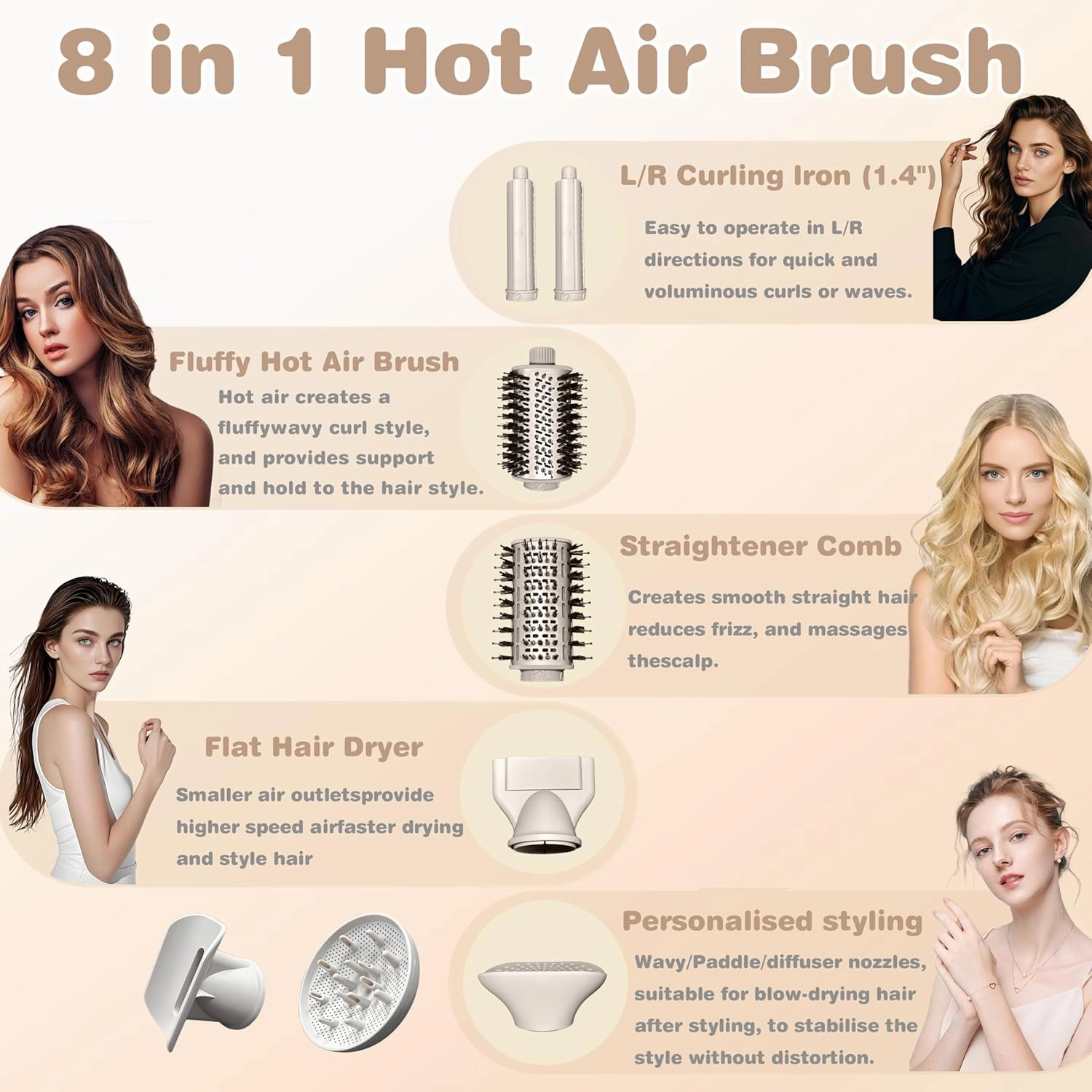 8 in 1 Hair Dryer Brush and Blow Dryer, Hot Hair Styler with 110,000 RPM High-Speed Negative Ion, Automatic Curling Iron, Thermal Hair Brush for Fast Drying Straightening Curling Voluming (Black)