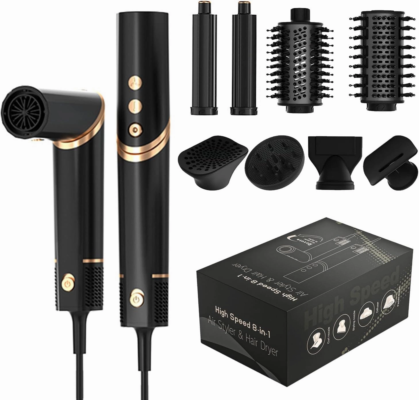 8 in 1 Hair Dryer Brush and Blow Dryer, Hot Hair Styler with 110,000 RPM High-Speed Negative Ion, Automatic Curling Iron, Thermal Hair Brush for Fast Drying Straightening Curling Voluming (Black)