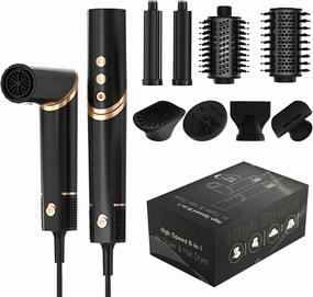 8 in 1 Hair Dryer Brush and Blow Dryer, Hot Hair Styler with 110,000 RPM High-Speed Negative Ion, Automatic Curling Iron, Thermal Hair Brush for Fast Drying Straightening Curling Voluming (Black)