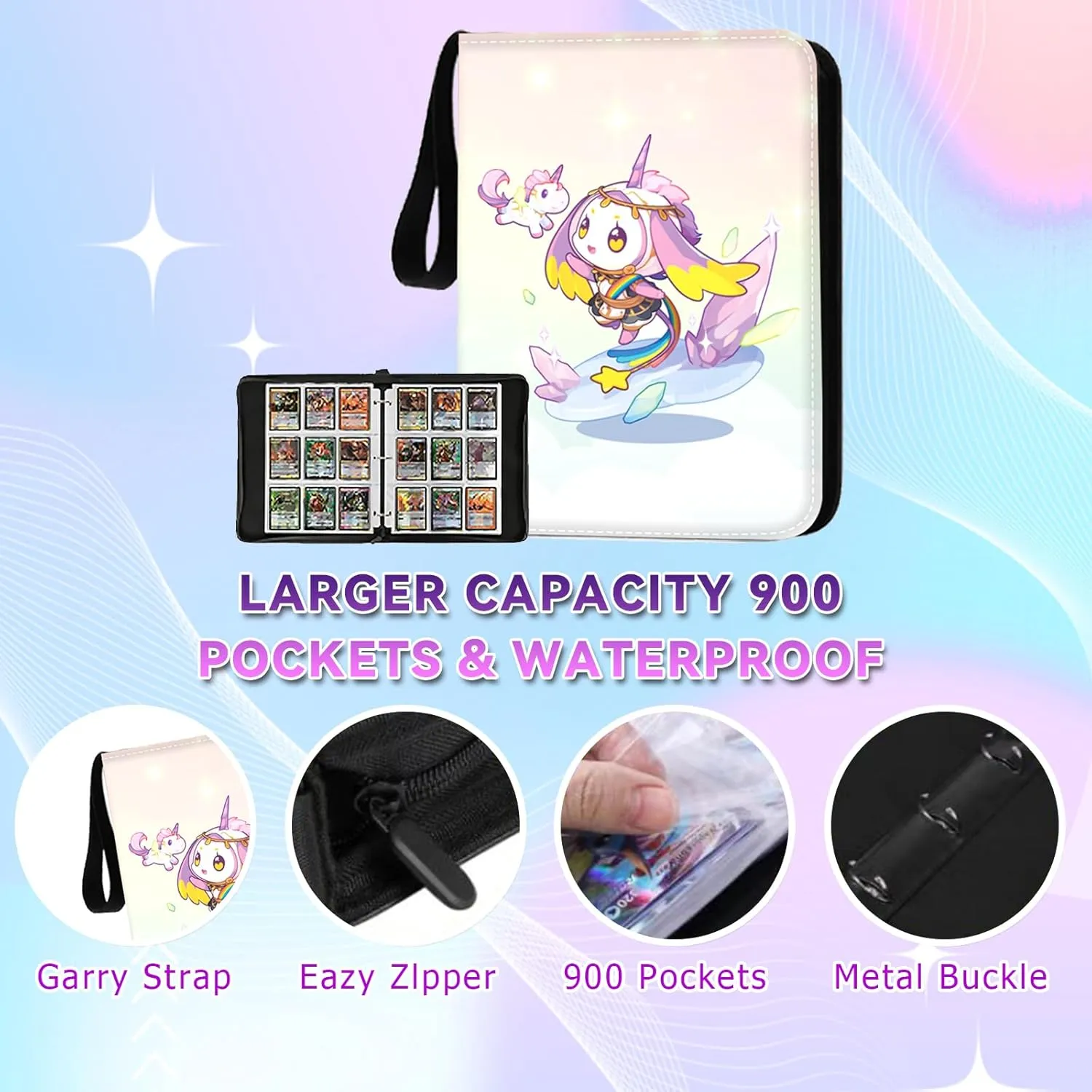9 Pocket Binder with Zipper for Pokemon Card - with 50 Pages Removable 3 Ring Card Sleeves, 900 Card Slot, Cute Collectible Trading Card Albums for Boys and Girls.