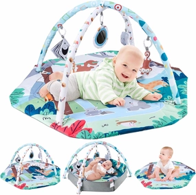 9-in-1 Tummy Time Activity Mat, Baby Play Gym Mat, Newborn Baby Essentials,with 6 High Contrast Toys for Sensory Cognition and Motor Skill Play Mats for Floor.Ideal Toddler Toys Gift