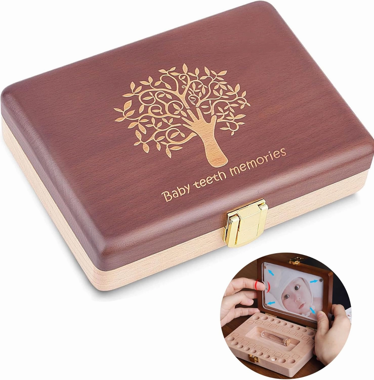 【Handmade Wooden】Baby Tooth Keepsake Box Teeth Holder for kids keepsake Tooth Fairy Box for Boys Girls First Tooth Storage With Photo Frame Stickers Suitable Memory Container for Kids Loss Teeth