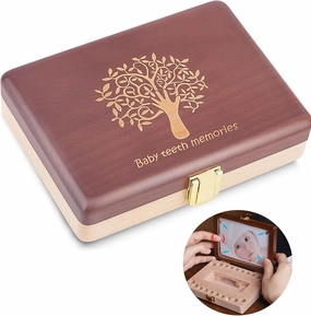 【Handmade Wooden】Baby Tooth Keepsake Box Teeth Holder for kids keepsake Tooth Fairy Box for Boys Girls First Tooth Storage With Photo Frame Stickers Suitable Memory Container for Kids Loss Teeth