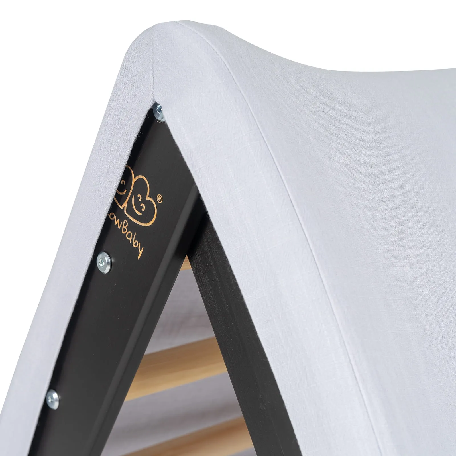 A House For Children With A Ladder 60x61 Cm Folding Into The Room. Wood, Linen, Viscose, Grey And Blue House, Black Ladder
