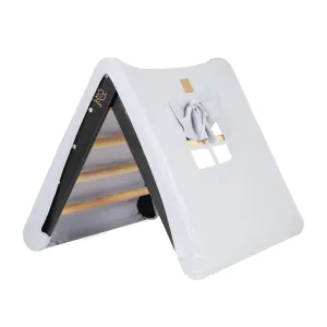 A House For Children With A Ladder 60x61 Cm Folding Into The Room. Wood, Linen, Viscose, Grey And Blue House, Black Ladder