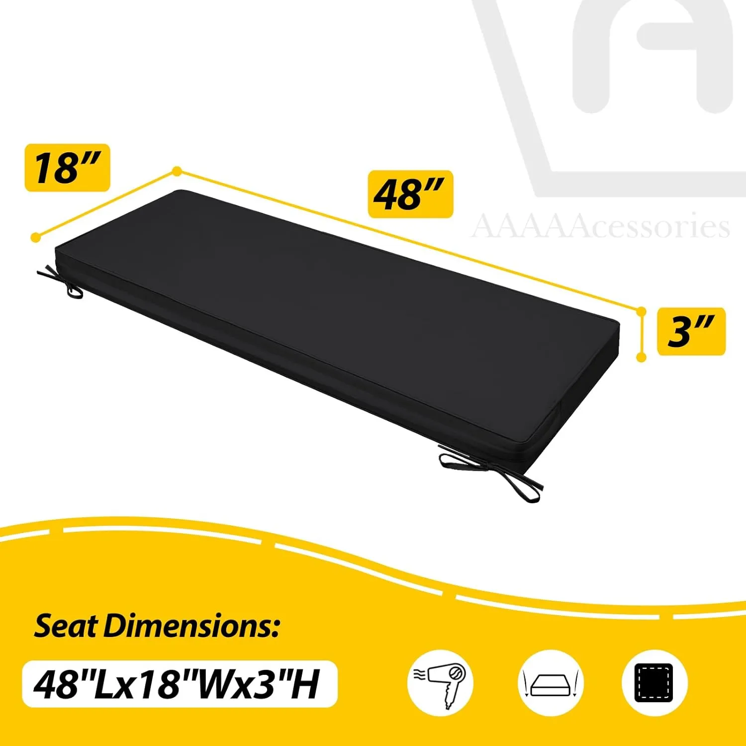AAAAAcessories Outdoor Bench Cushion, Waterproof, Fade-Resistant Patio Furniture Replacement Cushions, 48" x 18" x 3", Black