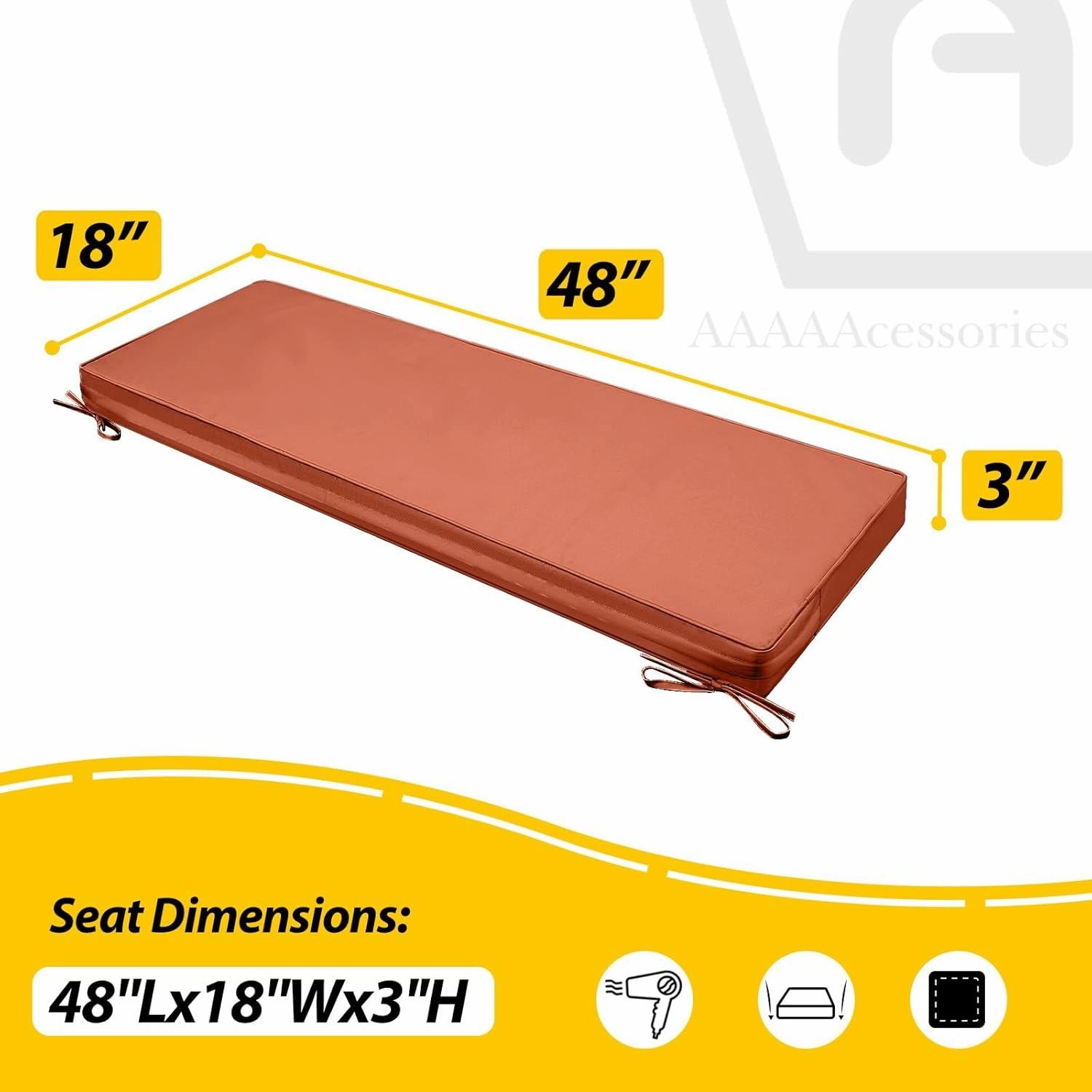 AAAAAcessories Outdoor Bench Cushion, Waterproof, Fade-Resistant Patio Furniture Replacement Cushions, 48" x 18" x 3", Rust
