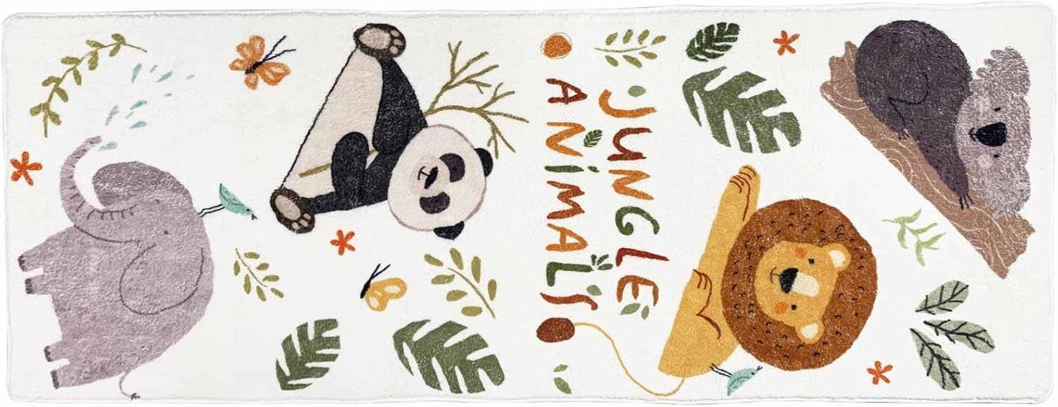 ABREEZE Kids Runner Rug 5.3FT,Animals Area Rug Play Mat for Kids Non Skid Washable Animal Throw Rugs Cute Cartoon Floor Carpet for Living Bedroom Study Nursery Dorm 2'x5.3',White