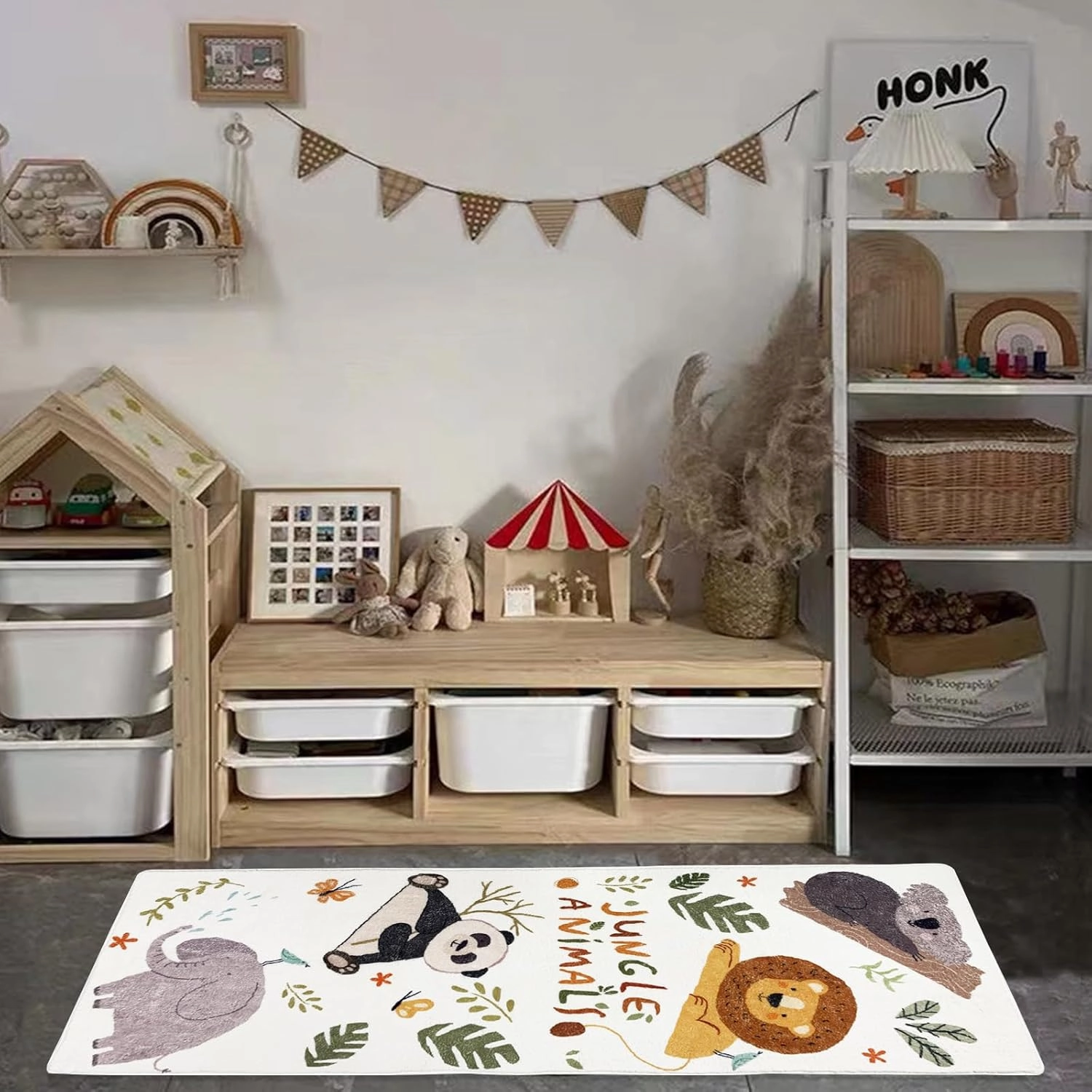 ABREEZE Kids Runner Rug 5.3FT,Animals Area Rug Play Mat for Kids Non Skid Washable Animal Throw Rugs Cute Cartoon Floor Carpet for Living Bedroom Study Nursery Dorm 2'x5.3',White
