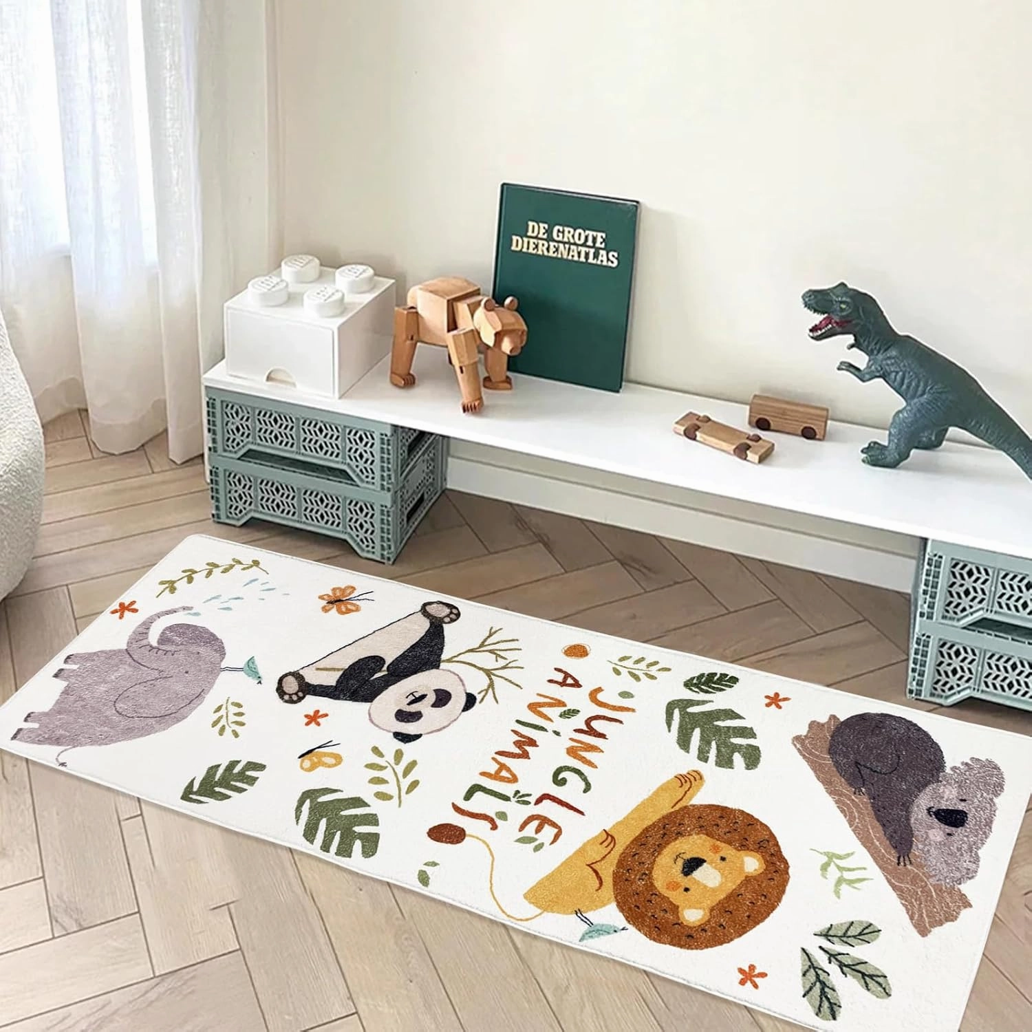 ABREEZE Kids Runner Rug 5.3FT,Animals Area Rug Play Mat for Kids Non Skid Washable Animal Throw Rugs Cute Cartoon Floor Carpet for Living Bedroom Study Nursery Dorm 2'x5.3',White