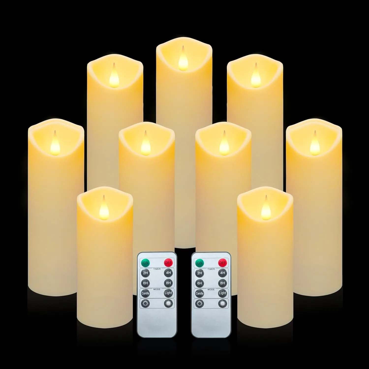 Aignis 9pcs Flameless LED Candles Battery Operated with 10-Key Remote & Timer, Indoor Heat Resistant, 3D Wick with Warm Flickering Glow for Cozy Home/Wedding/Holiday Décor (D 2.2" x H 5"/6"/7")