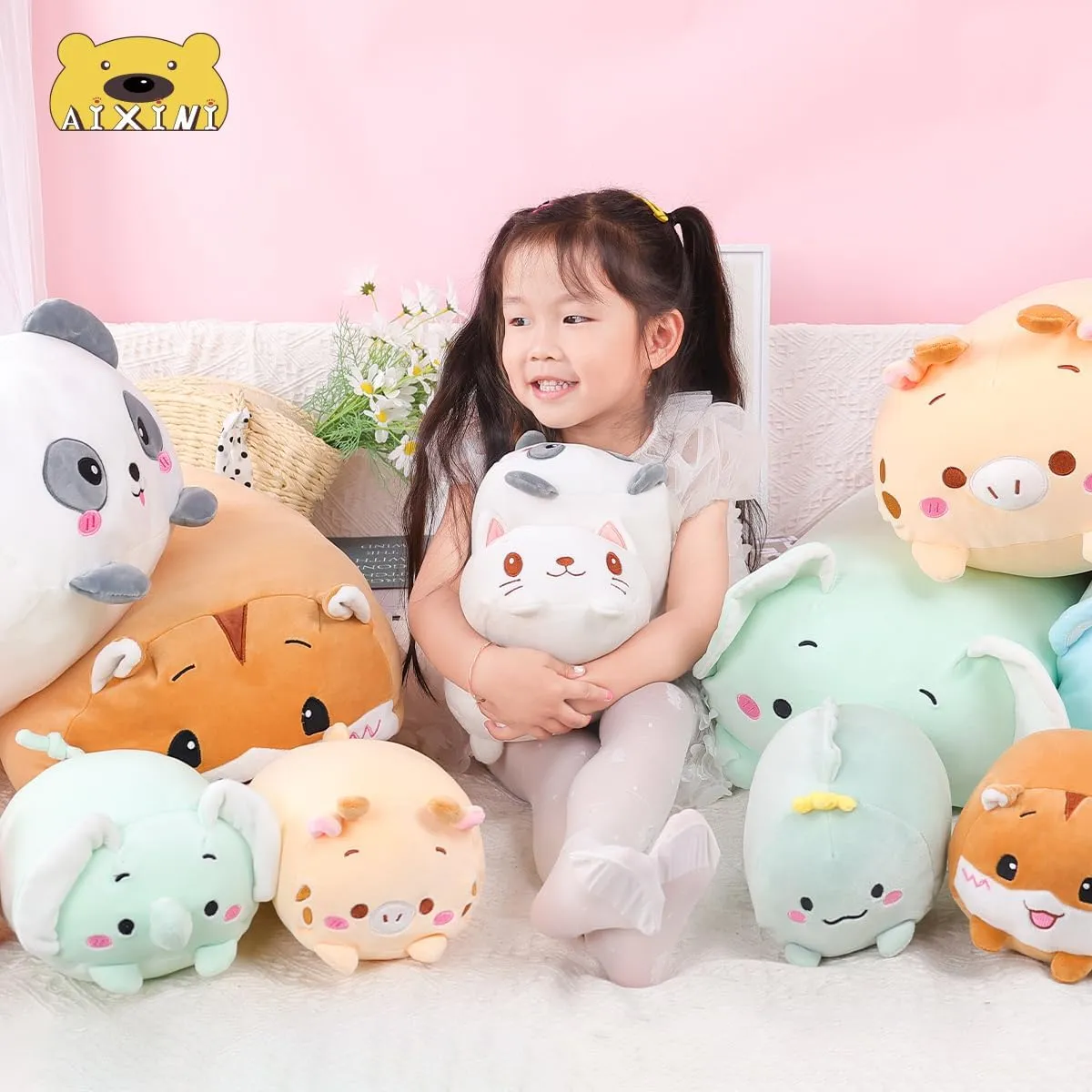 AIXINI 23.6 inch Cute White Cat Plush Stuffed Animal Cylindrical Body Pillow,Super Soft Cartoon Hugging Toy Gifts