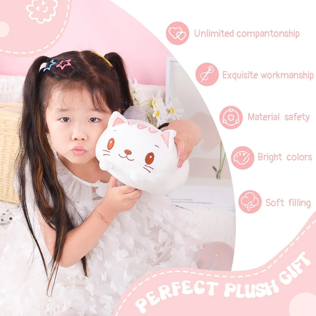 AIXINI 23.6 inch Cute White Cat Plush Stuffed Animal Cylindrical Body Pillow,Super Soft Cartoon Hugging Toy Gifts