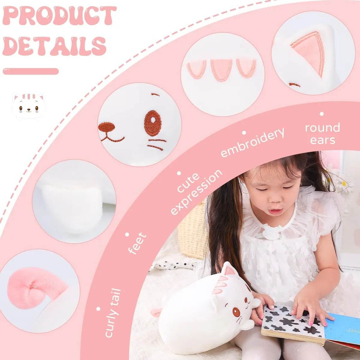 AIXINI 23.6 inch Cute White Cat Plush Stuffed Animal Cylindrical Body Pillow,Super Soft Cartoon Hugging Toy Gifts