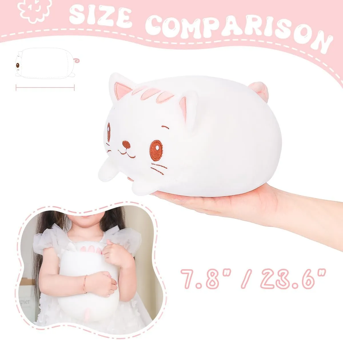 AIXINI 23.6 inch Cute White Cat Plush Stuffed Animal Cylindrical Body Pillow,Super Soft Cartoon Hugging Toy Gifts