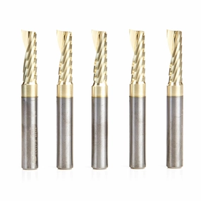Amana Tool 51377-Z-5 5-Pack CNC SC Spiral O Single Flute Aluminum Cutting 1/4 D x 3/4 CH x 1/4 SHK x 2 Inch Long Up-Cut ZrN Coated Router Bits withMirror Finish