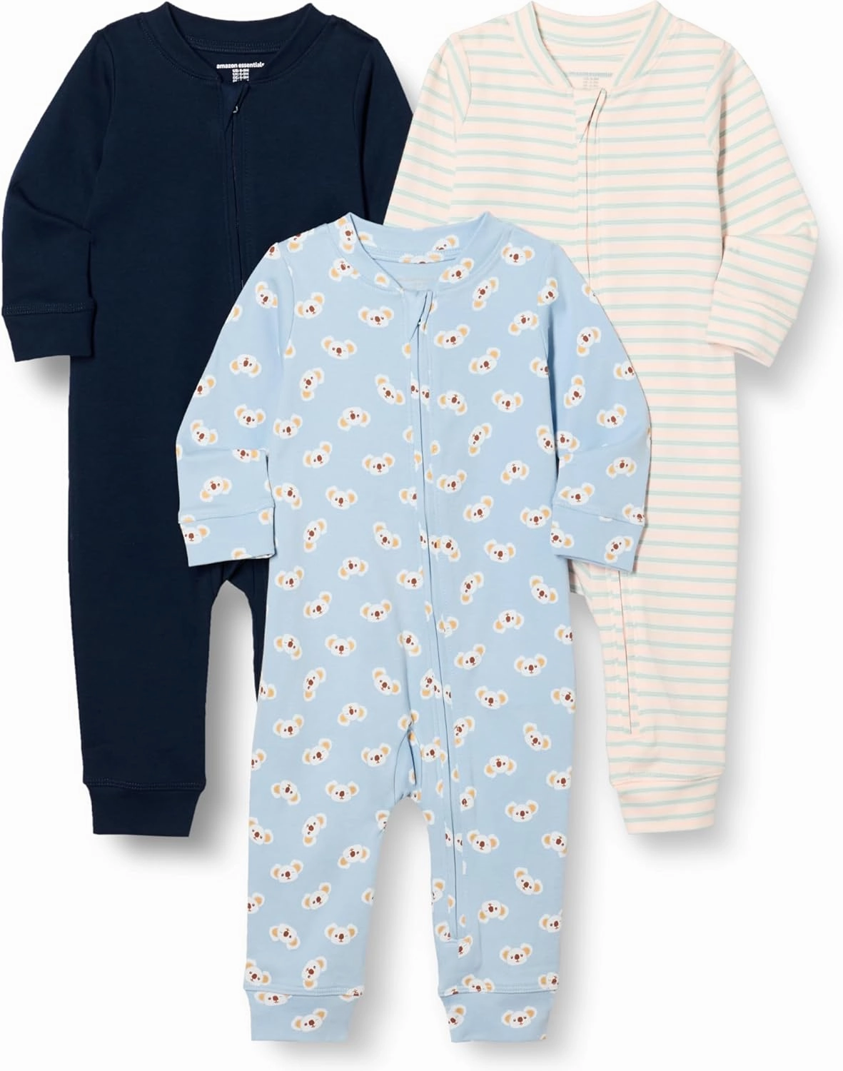 Amazon Essentials Unisex Babies' Cotton Zip-Front Footless Sleepsuit, Pack of 3