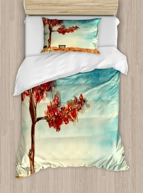 Ambesonne Tree Duvet Cover Sets, Watercolors Design of a Tree and Bench Earth Ecological Protection for Future Image, Bedding Set with 2 Duvet Covers & 4 Pillowcases, 2 Pack Queen Size, Orange Blue