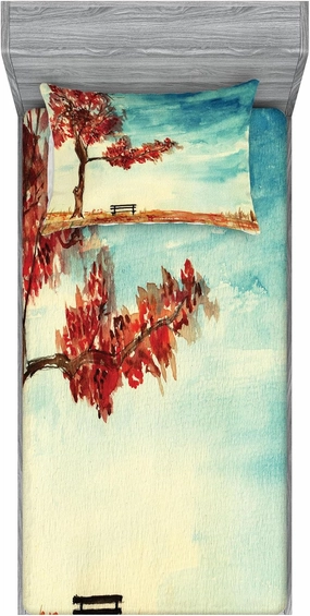 Ambesonne Tree Fitted Sheet & Pillow Sham Set, Watercolors Design of a Tree and Bench Earth Ecological Protection for Future Image, Decorative Printed 2 Piece Bedding Decor Set, Twin, Orange Blue